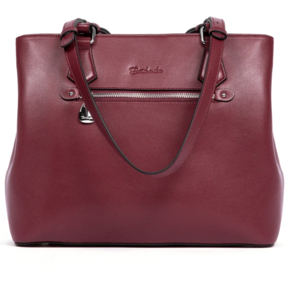 BOSTANTON* genuine leather red shoulder bag w/ several pkts inner/outer top zip